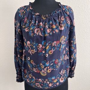 Boden Womens Sz 2 Top Blouse 100% Silk Floral Smocked Sleeve Peasant Ruffle Neck